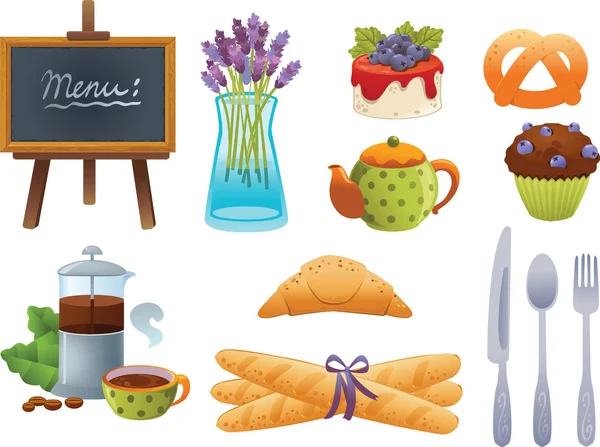 Wooden menu board and breakfast including coffee, tea, bread, cu — Stock Vector