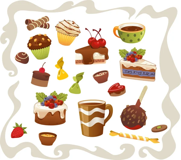 Conjunto de pasteles y otros alimentos dulces, aislados sobre fondo blanco — Vector de stock