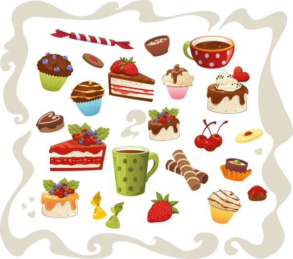 Big collection of cakes and other sweet food, isolated on white — Stock Vector