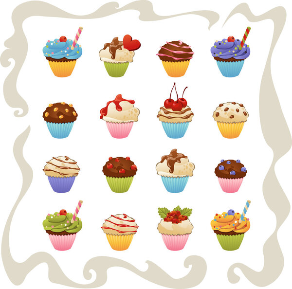 illustration of set yummy cupcakes. Isolated on white background