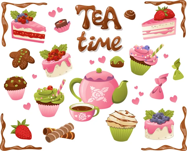 Tea-time set. sütemények és más édes ételeket, elszigetelt fehér fonákkal — Stock Vector