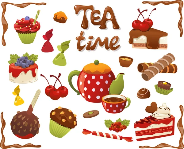 Tea Time set. Cakes and other sweet food, isolated on white back — Stock Vector