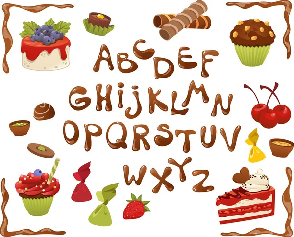 Čokoládové písmo s sladké koláče, koláčky, čokolády a čaje — Stockový vektor