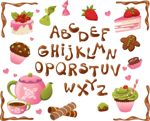 Шоколадный алфавит со сладкими пирожными, кексами, шоколадом и чаем — стоковый вектор