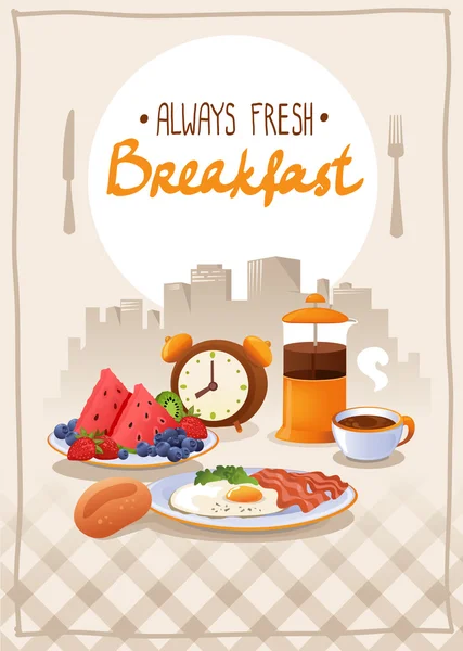 Kahvaltı poster: yumurta, meyve ve kahve. — Stok Vektör