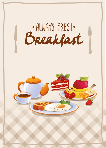 Breakfast poster with egg, fruits and tea. — Stock Vector