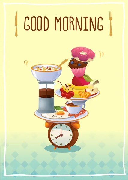 Ontbijt Poster Goedemorgen! Met eieren, koffie, fruit en cup — Stockvector