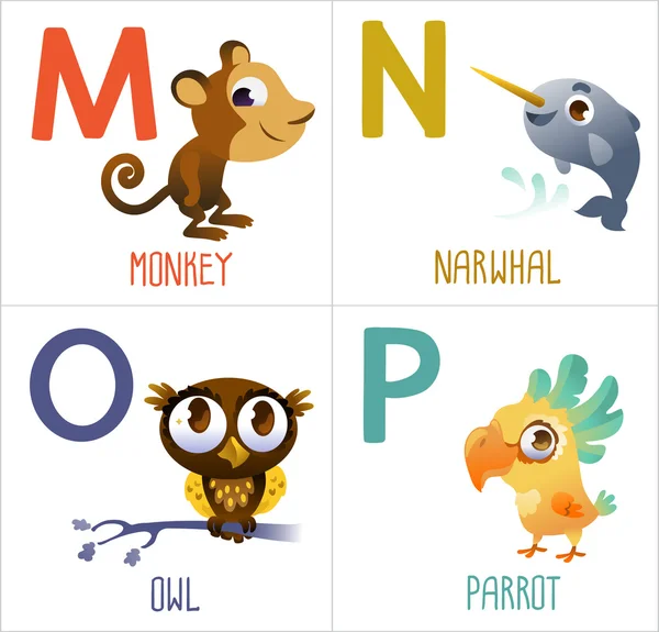 Χαριτωμένα κινούμενα σχέδια ζώων αλφάβητο για τα παιδιά. Παράξενους χαρακτήρες κινουμένων σχεδίων: M — Διανυσματικό Αρχείο