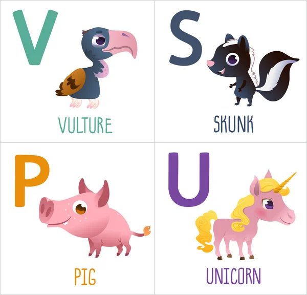 Grazioso alfabeto di animali dei cartoni animati per i bambini. Cartone animato lettere divertenti: V — Vettoriale Stock
