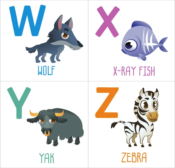 Χαριτωμένα κινούμενα σχέδια ζώων αλφάβητο για τα παιδιά. Παράξενους χαρακτήρες κινουμένων σχεδίων: W — Διανυσματικό Αρχείο