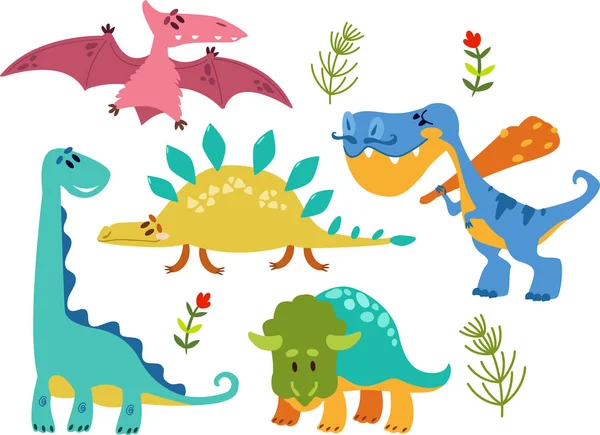 Coleção de bonitos dinossauros dos desenhos animados 1. Simples, isolado no whit — Vetor de Stock