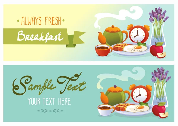 Pancarta de desayuno set ingenio té, pastel, huevos, frutas y flores. Ve. — Vector de stock
