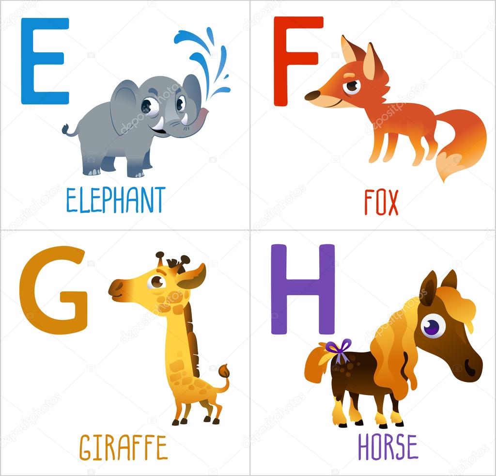 Cute cartoon animals alphabet for kids. Funny letters cartoon: E