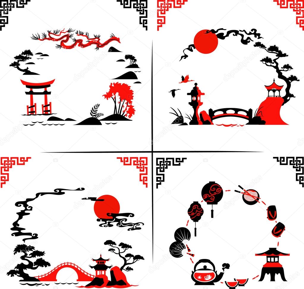 Set of Abstract japanese Silhouettes - Vector illustrations