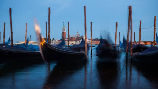 Gondolas Venice Night View San Giorgio Maggiore Church San Marco — Stock Photo, Image