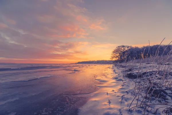 Beautiful sunrise at a frozen sea shore — Stock Photo, Image