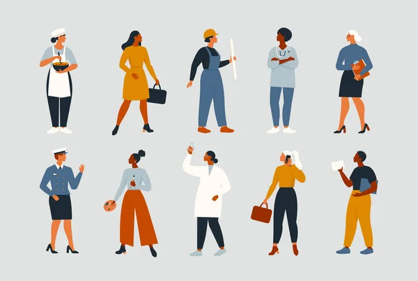 Collecte Femmes Travailleurs Différentes Professions Professions Portant Uniforme Professionnel Illustration — Image vectorielle