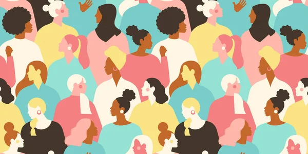 国際女性デー 異なる国籍や文化の女性のグループとベクトルシームレスなパターン 平等のための闘争 — ストックベクタ