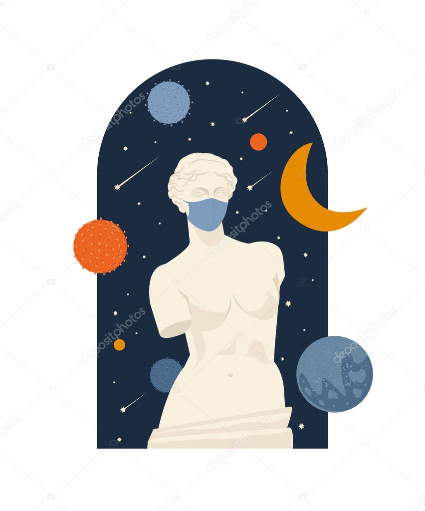 Female Antique statue. Museum of the pandemic lockdown covid time in coronavirus. A woman without hands. Mythical, ancient greek style. Hand drawn Vector illustration. Classic statue in modern style