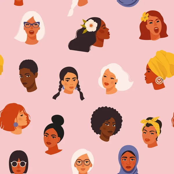 Çeşitli Kadınlar Farklı Kültür Kızlarının Çizimi Tarzında Portreleri Olan Kusursuz — Stok Vektör