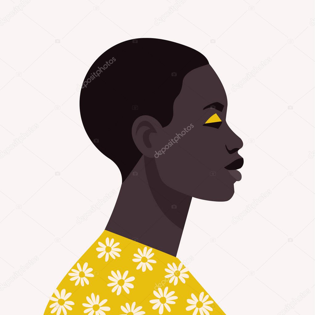 Young african woman with short hair. Portrait of beautiful african woman. Abstract female portrait, full face. Stock vector illustration in flat style