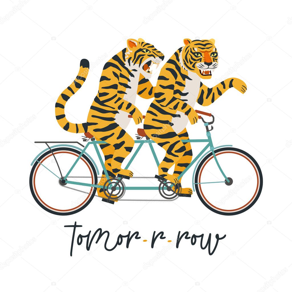 The tigers ride a tandem bike. Vector illustration on a white background. Children card, sticker, party invitation, print for teenager clothes