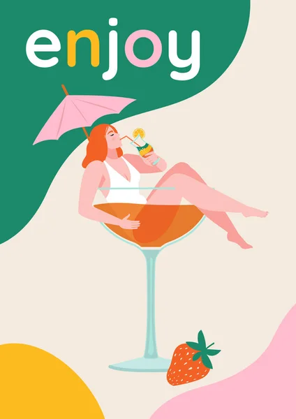 Mooi Meisje Een Glas Cocktail Vector Poster Met Stripfiguren Platte Stockvector