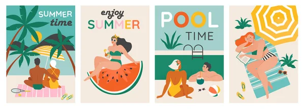 Set von einem Sommer Hintergrund. Sommerschwimmen, Schwimmen, Tauchen in einer riesigen Wassermelone. Paar entspannt am Strand. Vektorkarten, Plakatgestaltung Illustration. — Stockvektor