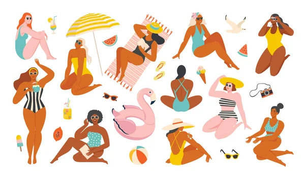 Yaz koleksiyonu. Dinlenen kadınların, nesnelerin ve meyvelerin vektör çizimi yaz tatili ve deniz kenarında tatil ile ayrılır. Düz bir şekilde oluşturma sahnesi. Telifsiz Stok Illüstrasyonlar