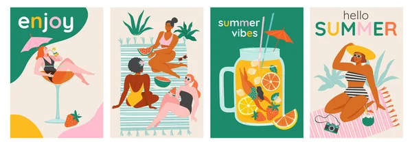 Zomer zwemmen, zwemmen, duiken in een enorm glas cocktail of smoothie. Vrouwen ontspannen op het strand. Stockillustratie