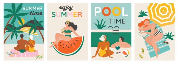 Een zomerachtergrond. Zomer zwemmen, zwemmen, duiken in een enorme watermeloen. Paar ontspannen op het strand. Vector kaarten, poster ontwerp illustratie. Stockillustratie