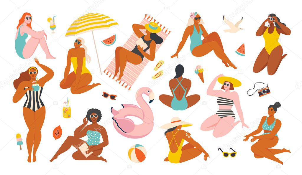 Summer collection. Vector illustration of resting women and objects and fruits issociated with summer holidays and vacation by the sea. Creator scene in a flat style.