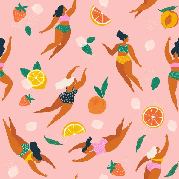 Mädchen in Badeanzügen tauchen und schwimmen in erfrischender Fruchtlimonade mit Eiswürfeln nahtlosen Muster. — Stockvektor
