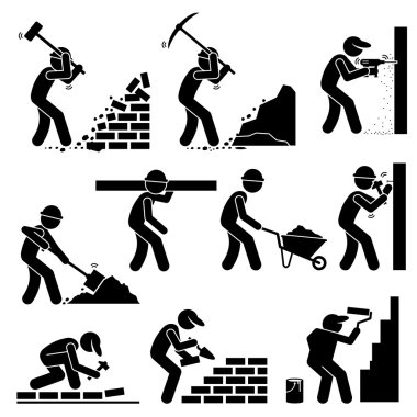 İnşaatçılar oluşturucular işçiler yapı evleri inşaat sahasında ve araçları ile