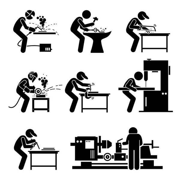 使用金属加工钢铁厂工具和设备金工车间焊接工作的焊工工人 — 图库矢量图片