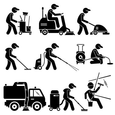 Industrial Cleaning Worker with Tools and Equipment Stick Figure Pictogram Icons clipart