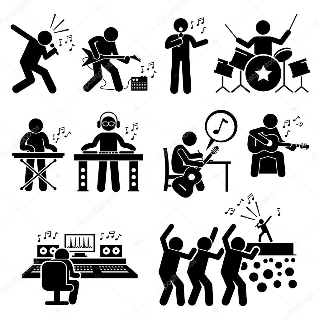 Rock Star Musician Music Artist with Musical Instruments Stick Figure Pictogram Icons