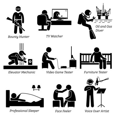 Tuhaf Tuhaf Tuhaf Tuhaf İşler - Ödül Avcısı, TV İzleyicisi, Yağ ve Gaz Dalgıcı, Asansör Tamircisi, Video Oyun Testi, Mobilya Testi, Uyuyan, Yüz Hisseden, Sanatçının Sesi - Yapıştırıcı Resim Simgeleri