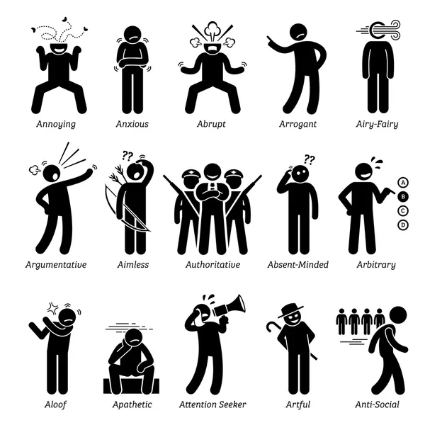 Negative Bad Personalities Character Traits. Stick Figures Man Icons. Starting with the Alphabet A. — Stock Vector