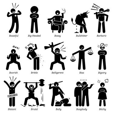 Negative Personalities Character Traits. Stick Figures Man Icons. Starting with the Alphabet B. clipart