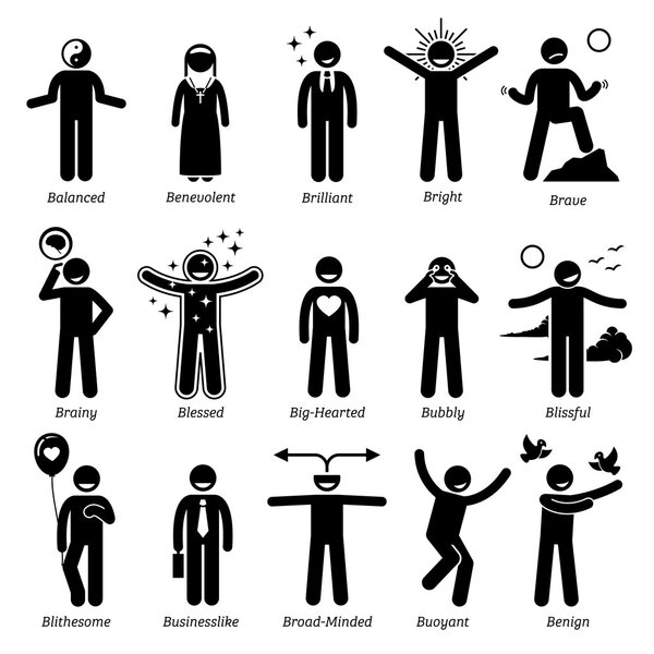 Positive Personalities Character Traits. Stick Figures Man Icons. Starting with the Alphabet B.