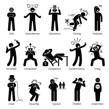 Negative Personalities Character Traits. Stick Figures Man Icons. Starting with the Alphabet C. clipart