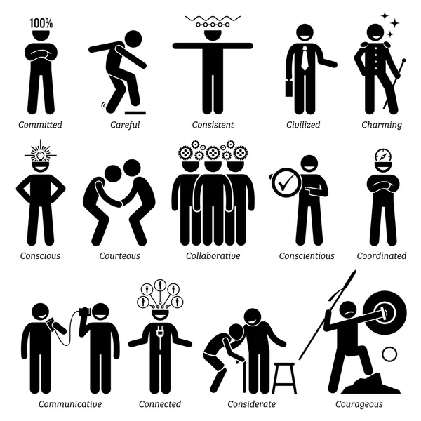 Personalidades Positivas Traços de Personagens. Figuras da vara ícones do homem. Começando com o alfabeto C . —  Vetores de Stock