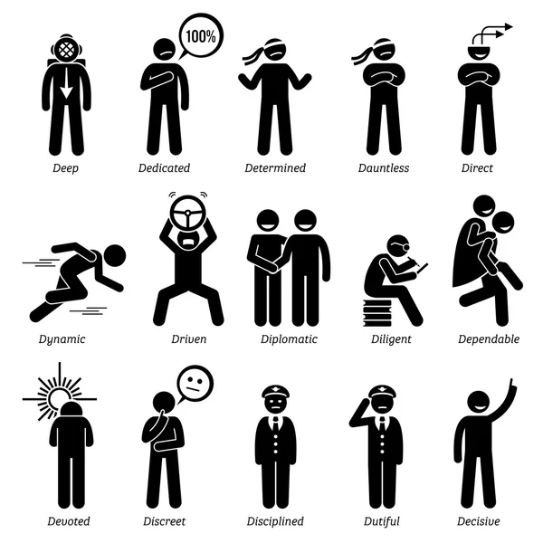 Personalità Positive Tratti caratteriali. Stick Figures Man Icons. A partire dall'alfabeto D . — Vettoriale Stock