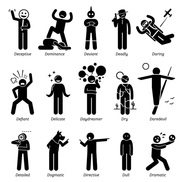 Kepribadian Netral Sifat Traits. Stick Figures Man Icons. Dimulai dengan Alfabet D . - Stok Vektor