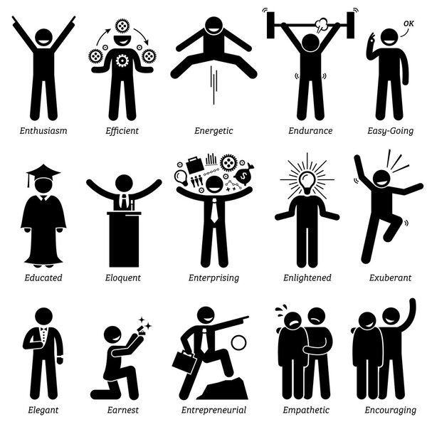 Positive Personalities Character Traits. Stick Figures Man Icons. Starting with the Alphabet E.