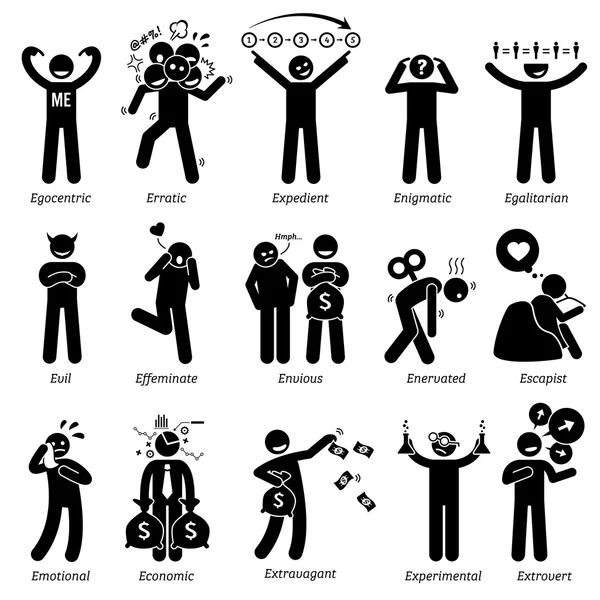 Personalità negative e neutrali Tratti caratteriali. Stick Figures Man Icons. A partire dall'alfabeto E . — Vettoriale Stock