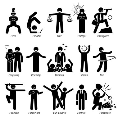 Positive Personalities Character Traits. Stick Figures Man Icons. Starting with the Alphabet F. clipart