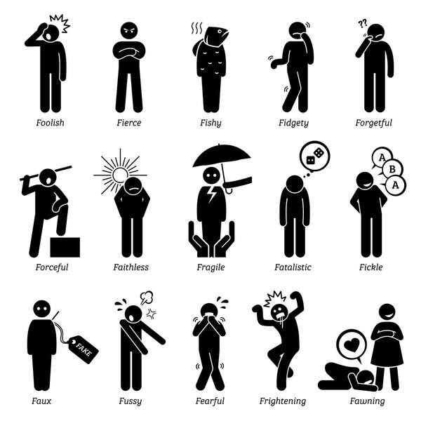 Negative Personalities Character Traits. Stick Figures Man Icons. Starting with the Alphabet F.