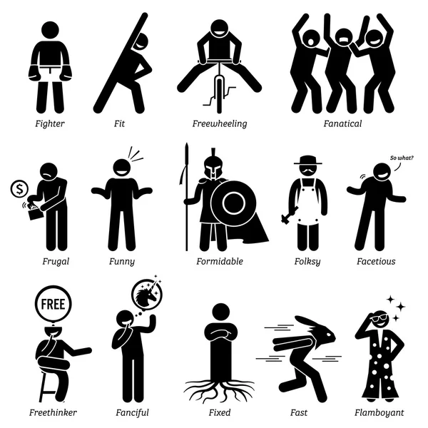 Neutral Personalities Character Traits. Stick Figures Man Icons. Starting with the Alphabet F. — Stock Vector